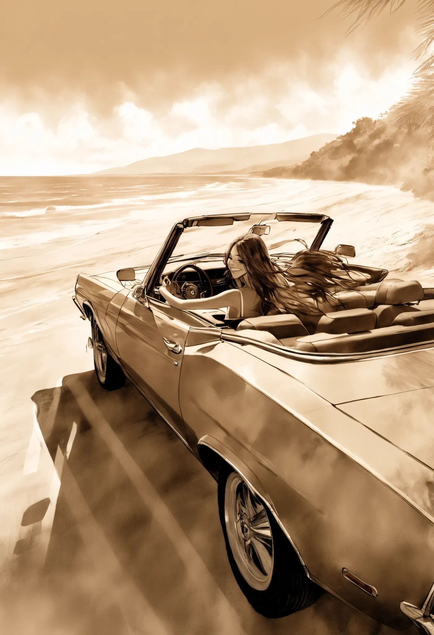 (best quality, Sepia background sketch:1.2),realistic,full body esbian、A girl sitting in the driver's seat of a convertible car is turning back and laughing at viewers、 Long Hair Fluttering 、blue convertible car、Coastal national highways、shadow、