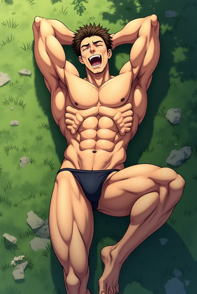 ( corner of the photo from bottom to top) (highest quality image) Lion Man ,anime , Young, male focus trait, wearing a small tight thong , lying on the grass with his hand squeezing his groin while moaning , hand squeezing groin , moaning with pleasure whi...