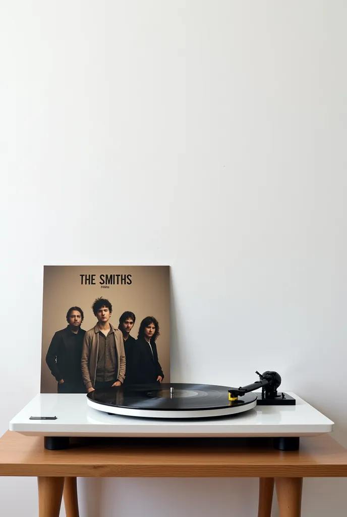 a vinyl that says "The Smiths " on a record player on a table and a white wall.