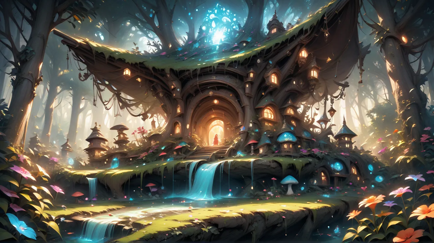 Mysterious forest,lighting,Shining Mushroom, flower, Trees,A fairy house in a forest full of streams,jewel