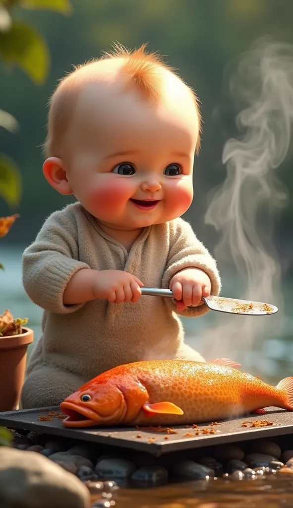 Create an image of a fluffy, chubby baby roasting a giant fish,  with the following details :

- The baby must have round cheeks and a radiant smile.
- He must be in an outdoor area, next to a stream or lake.
- The baby must use a brown planter and have a ...