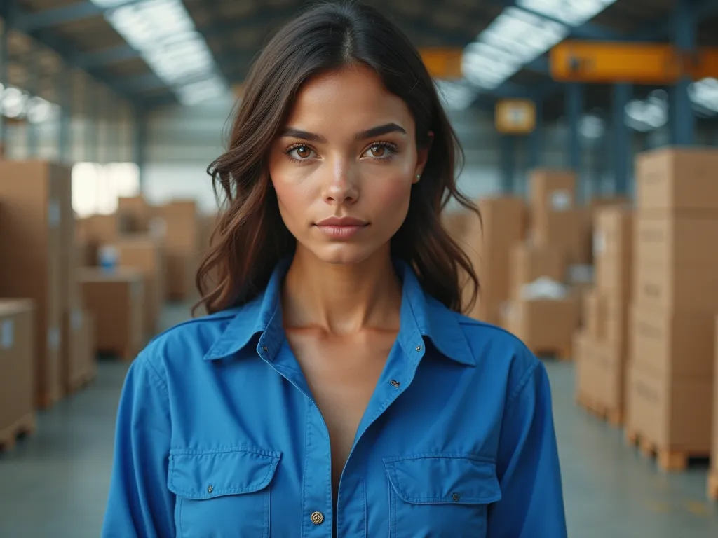 Ultra realistic young woman wearing a blue jumpsuit. She is looking towards the camera. She is in a warehouse with lots of boxes.