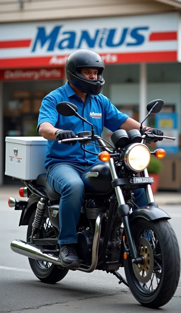 Create an image of a motorbike your motorcycle has a white chest on the seat of the motorcycle with automatic parts with a blue shirt with the name of the store Manus Auto Parts on the shirt he goes in front of the store to go out for a delivery of parts f...