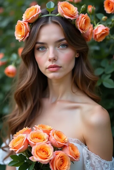 A portrait of a Caucasian woman, around 22 years old, with light skin, light blue eyes, and wavy brown hair adorned with orange and pink roses. She is holding a bouquet of similar roses, her shoulders bare, with a hint of white lace fabric. The background ...