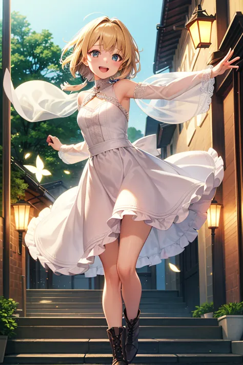 A lively, cheerful anime girl full of boundless energy, radiating an infectious joy that brightens the entire scene. Her sparkling, golden-hued eyes twinkle with excitement, filled with curiosity and pure happiness. Her fair, porcelain-like skin glows soft...