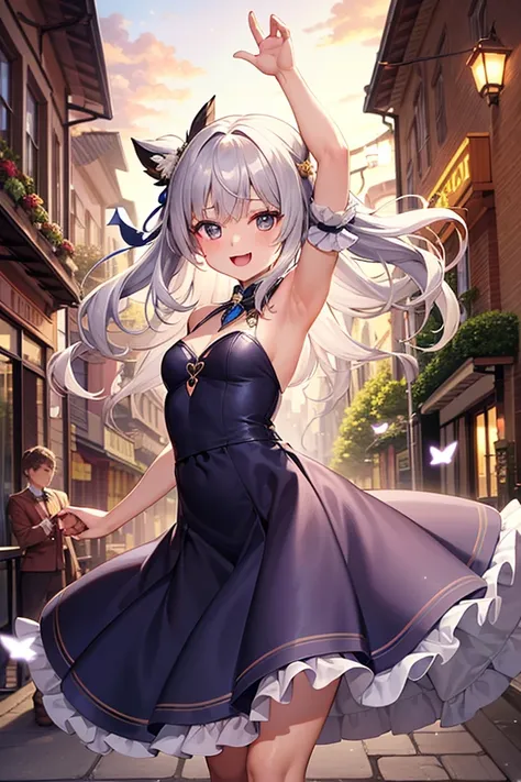 A lively, cheerful anime girl full of boundless energy, radiating an infectious joy that brightens the entire scene. Her sparkling, golden-hued eyes twinkle with excitement, filled with curiosity and pure happiness. Her fair, porcelain-like skin glows soft...