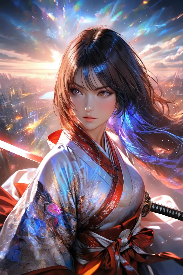 high quality,4K resolution, ultra-fine in 8K,realistic,stares at,HDR,Studio Lighting,EXTREME DETAILS,professional,Brilliant Colors,Girl with bokeh effect,shrine maiden with a sword,Wears Blue Aura,intense battle scene,vast natural landscape, light shining ...