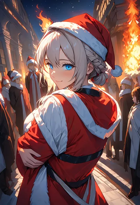 masterpiece, best quality, super detailed,  illustration of a woman with a penis ,1 girl, viewers, best quality,depth of field,(closed mouth,light smile,blue eyes:1.1), Beautifully Detailed Glowing Skin  , (Santa Costume:1.3),( place your hands on your bac...