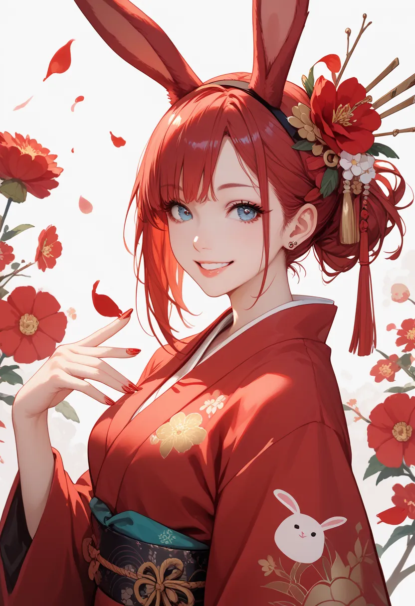  Background ，  when you stare at them, they become transparent，   smile  ，Red kimono with one side の乳首， Red kimono with one side ，bunny girl