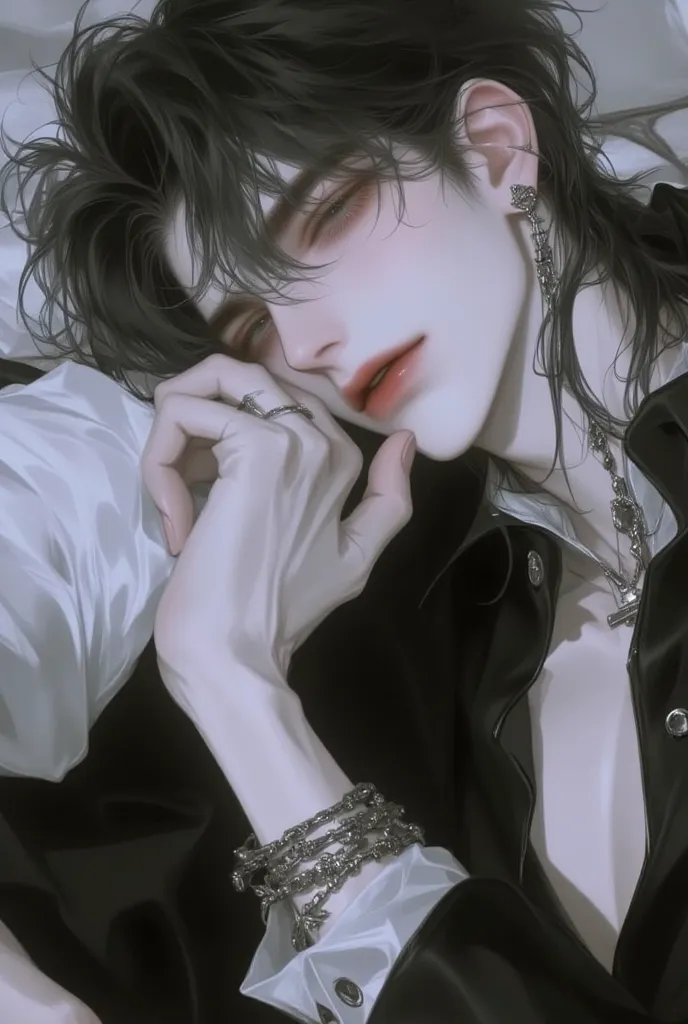 Anime boy with long, dark hair resting their head on their hand. They are wearing a sleeveless black jacket, earrings, and several rings and bracelets. The expression is thoughtful, set against a tiled background.
