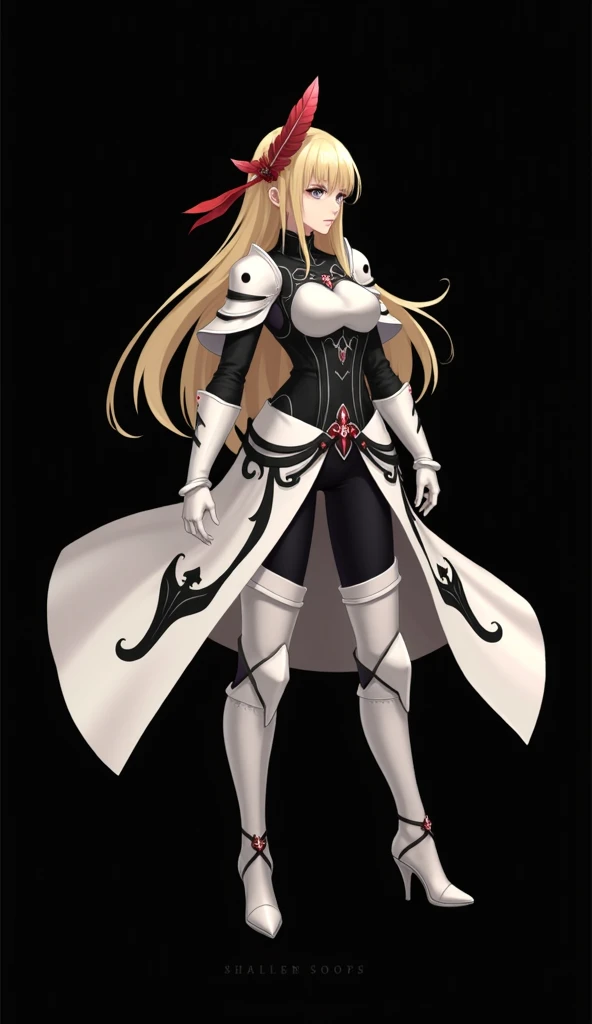 anime style on the face、Woman Wearing White and Black Armor、Red Feather Ornament in Her Hair、Flowing blonde hair、Decorative Armor、Details with Black and Red Accents、Graceful and Powerful Poses、Fantasy Art Style、dark background。