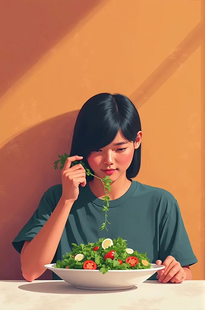 Person eating salad, merely colored background