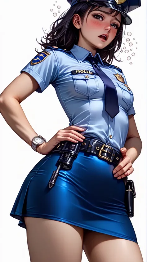 Beautiful Japanese Women from a Purple Perspective,( 1girl :1.5),(slender body:1.3),( empty white background:1.5),( small tits:1.0),(white collared tight short sleeve cowgirl shirt police shirt:1.2),(blue super mini police skirt:1.2),(black leather equippe...