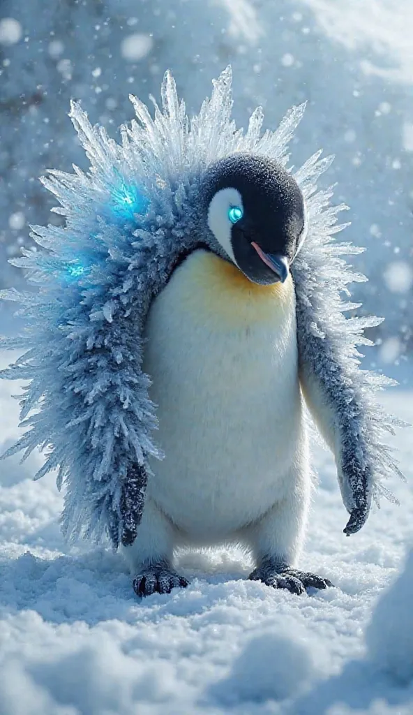 "The tiny, fluffy baby penguin has transformed into a towering, ice-armored beast. Its once-soft gray down has hardened into razor-sharp, crystalline feathers that shimmer like frozen daggers. Glowing blue eyes radiate an eerie cold, and jagged icicles han...