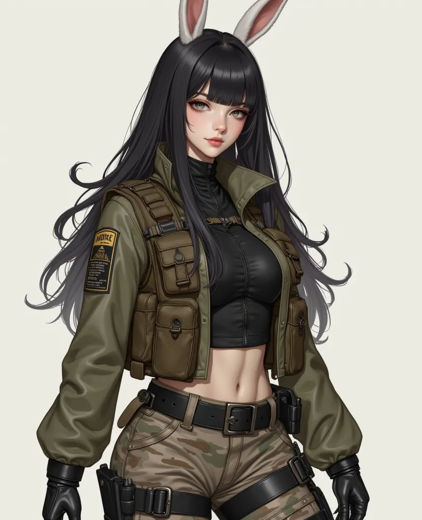 White short rabbit hybrid human soldier girl. Long black wavy hair with bangs with long a white bunny ears, round fluffly tail. Dark big brown, angelic face, long lashes, pale skin. Toned curvy body, small chest, thick toned thighs. She has soft muscles bu...