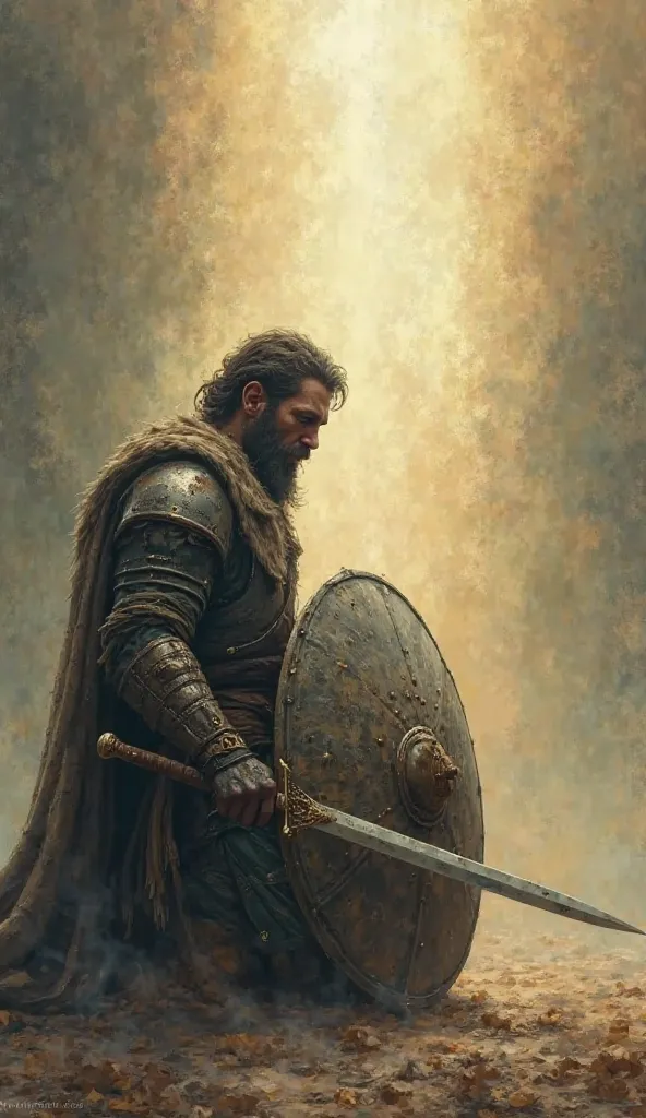 A tired warrior, kneeling on the ground, holding a shield and a sword. Despite his wear and tear, a heavenly light shines upon him, symbolizing the strength that comes from God in moments of weakness.