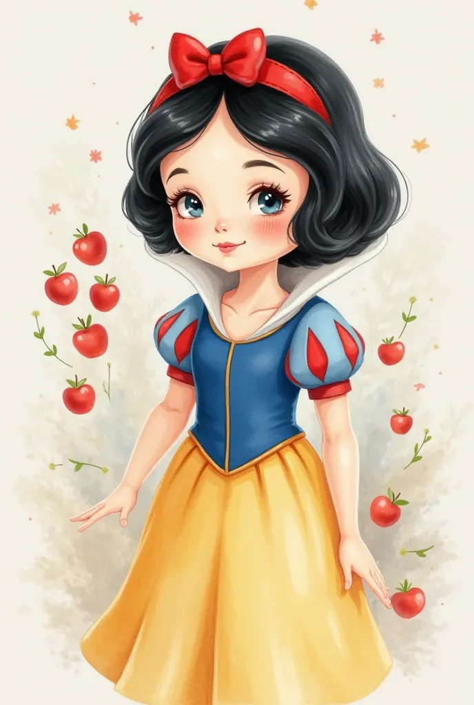 A stylized version of Snow White, portrayed in soft watercolor with neutral tones, like ashes , beige and white. your hair is black, smooth and short , with a soft fringe. The skin is pale, with a delicate touch of blush on the cheeks. She wears a simple d...