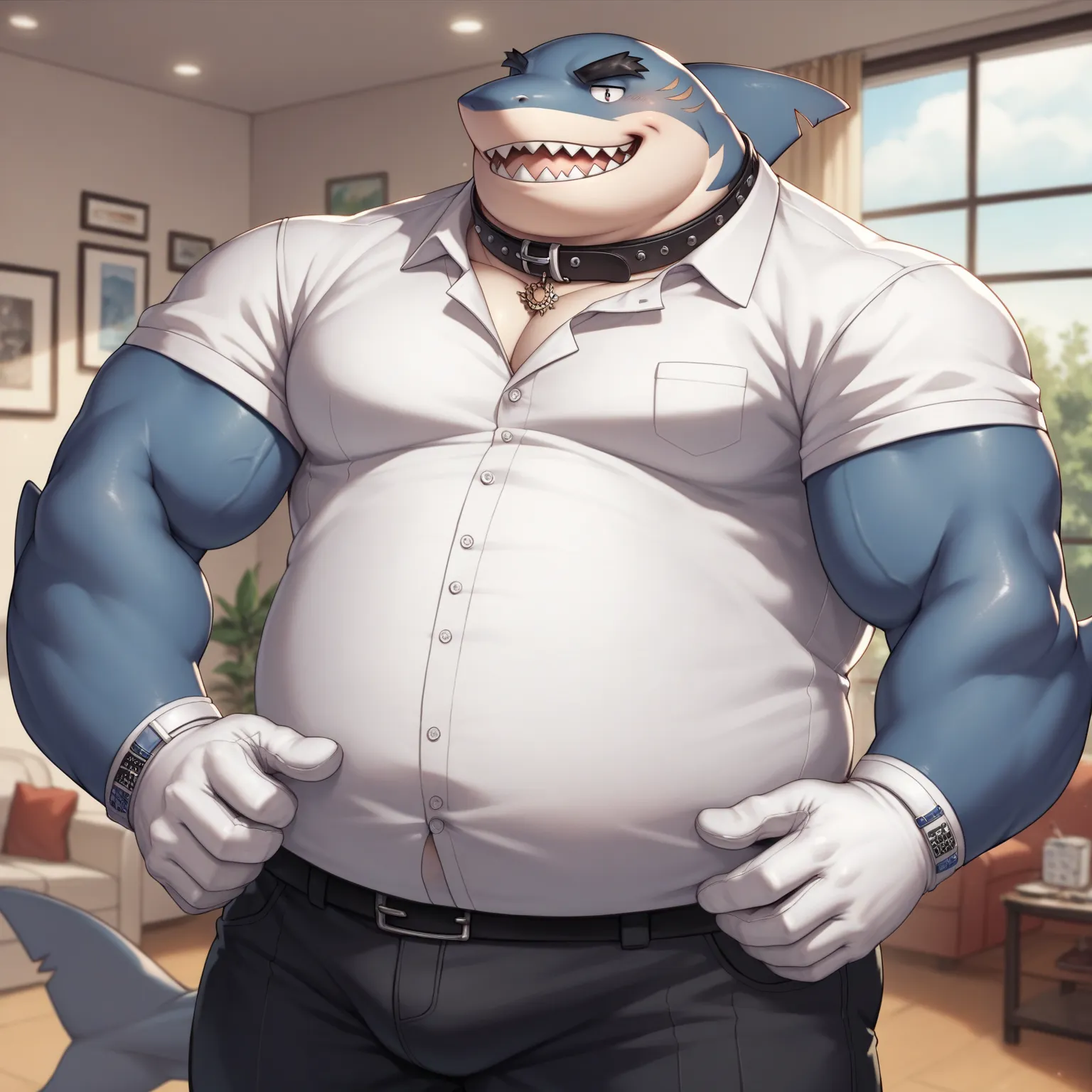 Scribble Shark face,Humanity(Shark),Chubby,(Black eyebrows:1.1),(Perfect eyes),Smooth Skin，（artist:Takemoto Arashi），Living Room background，（Collar:1.3），claw，（Polo Shirt:1.3）。Wearing a Leather collar around his neck. Wearing fancy white gloves on his hands,...