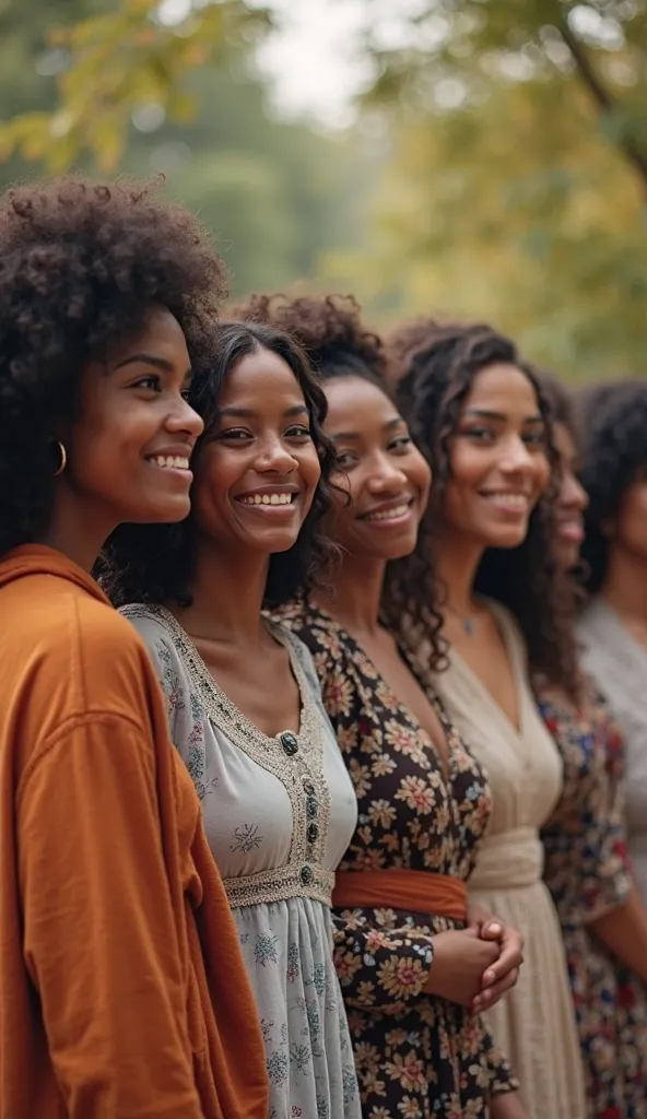 "A photorealistic image of a diverse group of women representing different ethnicities and cultures. They stand together, smiling and expressing empowerment, solidarity, and joy. Each woman has unique features, including curly, straight, kinky, and wavy ha...