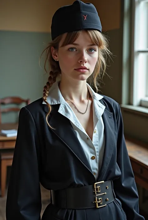 , Latvia, communist era, navy, beautiful girl, waist belt, low waist ,Wear a black sugar pot cap, White skin, blue eye ,Label the chest on the left, wear a collar collar with long sleeves. Black,Open the shirt, see the belly, the zigzag, the navel is pure,...