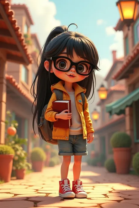 Pixar-style cartoon blind ,  beautiful, Wearing stylish sunglasses,  white, straight and dark hair, holding book, standing with a backpack, very cute.