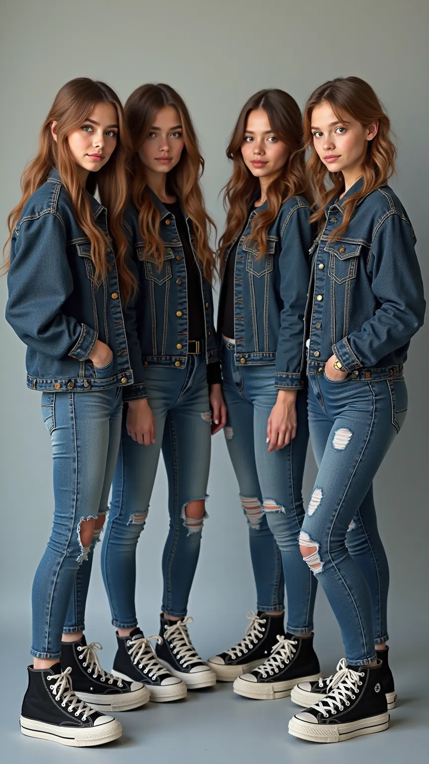 4 girls in black white high top Converse platforms, blue ripped skinny jeans, 6 buttons dark blue denim jacket HD. 