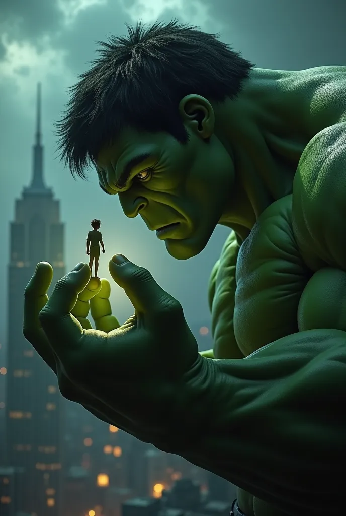 Create a photo of 1 living Hulk breathing tiny on his finger 