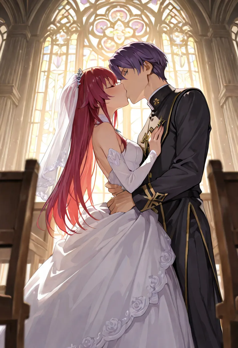 1boy, 1girl in white wedding dress, french kiss, from side, view from below, short purple hair, long red hair, standing at church aisle, priest standing in the middle of the aisle, blurred foreground, face focus, weeding day, grand gothic architecture, sta...