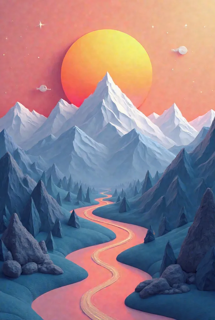 A stylized, 3 D art landscape featuring a scenic mountain range with snow-capped peaks, a vibrant sunset or sunrise sky with a large sun positioned behind the mountains. A winding road cuts through the landscape, leading towards the mountains, creating dep...