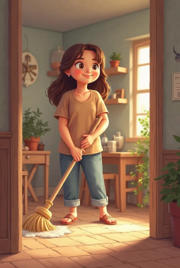 Cartoon photo of a mother-type woman or an allusion to a mother, with brown shirt and black-brown hair, sweeping the house 