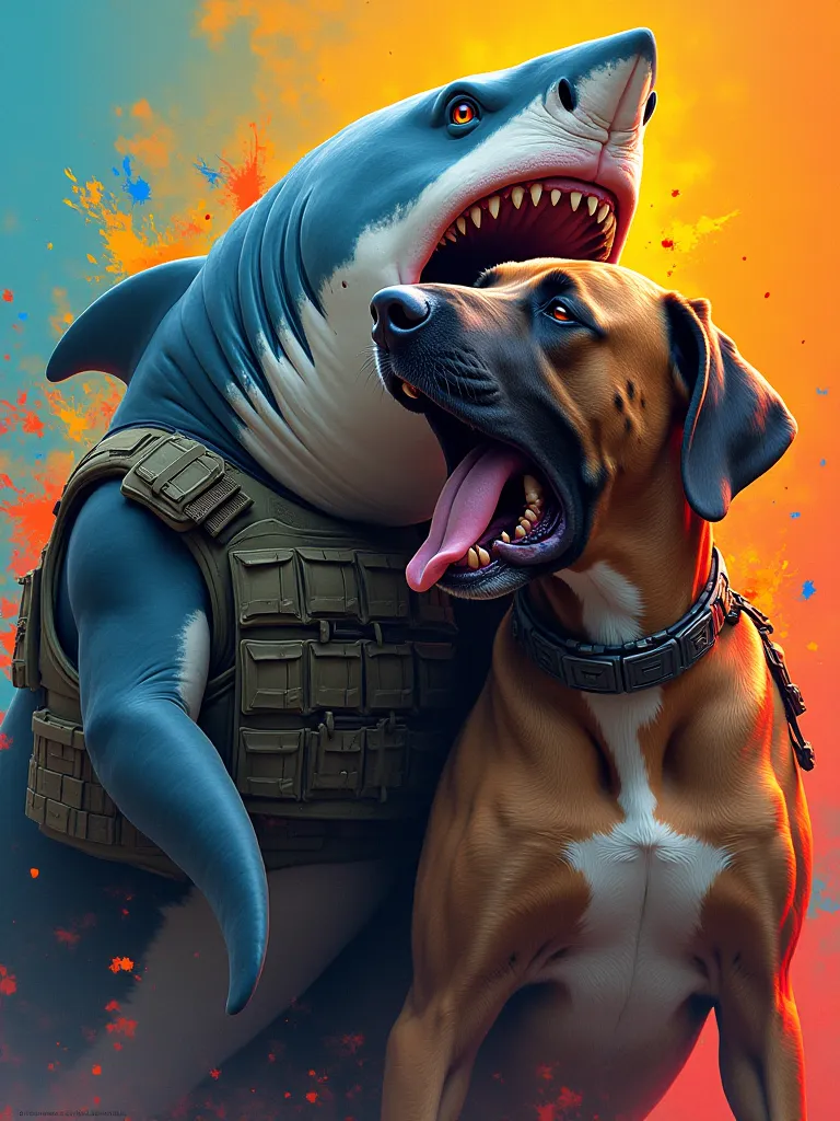 colorful rubberized emblem, with a shark with a tactical vest, Biting a Great Dane 