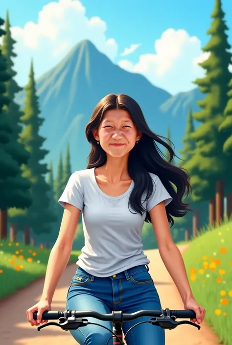 Thai woman in her 30s wearing black hair, white t-shirt and jeans. Riding a bicycle, she smiles happily, high resolution mountain trees background.ตัวการ์ตูน