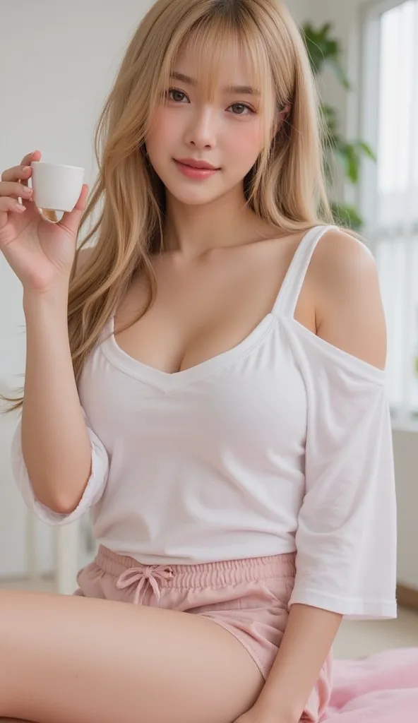 low angle, beautiful women, fair skin, sleek gold hair long spreads, styled in soft, natural waves that frame her face. She exudes a sultry yet elegant allure, wearing thin and soaked, white loose-fitting, wide neck t-shirt, bare left shoulder, but with a ...