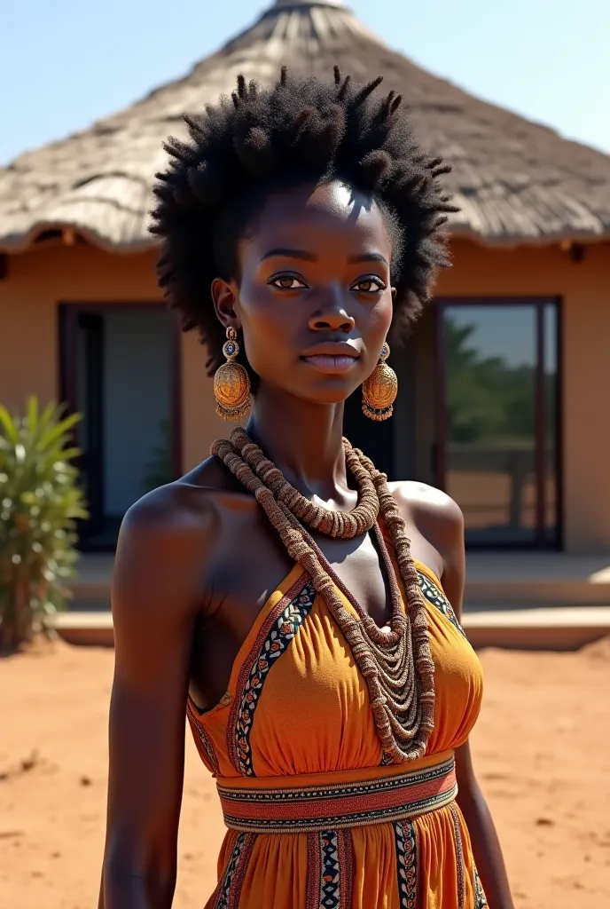 Créer l'image d'une femme africaine bantoue authentique avec des cheveux crepus et tenue traditionnelle debout devant une belle hute moderne 