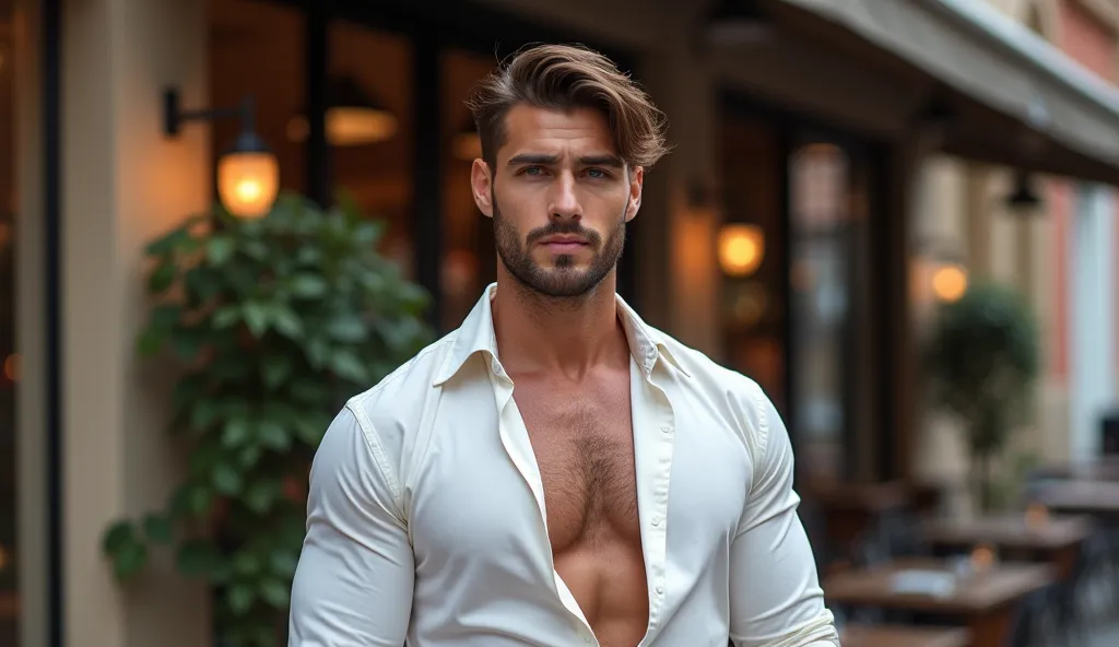 a handsome man with short, flowing brown hair, a strong body, blue eyes, a well-groomed and accentuated beard, standing in front of a coffee shop, wearing jeans and a white shirt, exuding sensuality