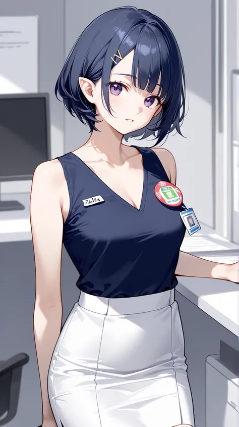 Princess Zelda working in office,  curled short hair, dark blue tank top of a sleeveless V-neck office worker, white office worker skirt, employee badge