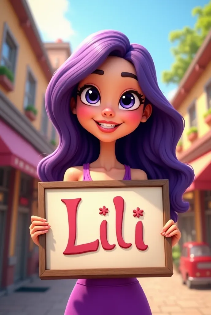 Cartoon of a woman with a sign of "Lili" with purple dress 