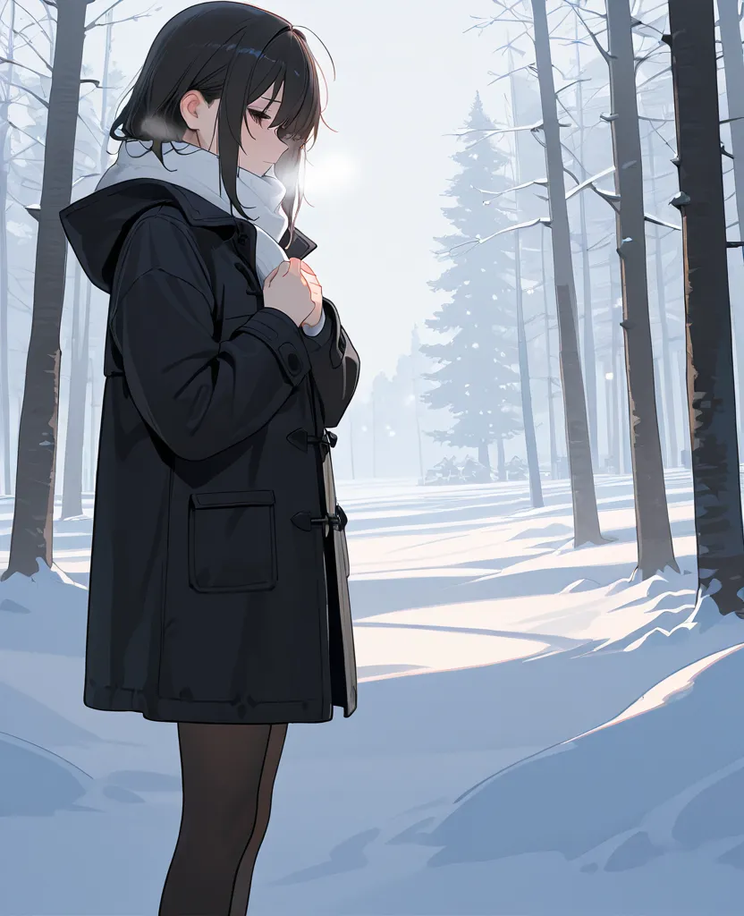 1girl, sad, in winter, standing, black coat