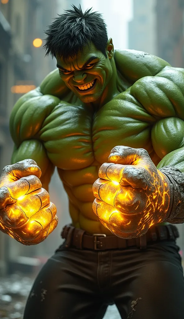 A hyper-realistic HD image of Hulk slipping on the massive, glowing 'Rock-Infused Gloves.' The gloves pulse with energy, and cracks of stone appear on his fists. He looks at them in amazement, clenching his fists with a grin."