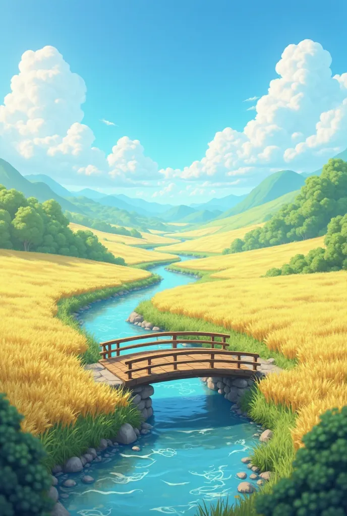 A peaceful countryside, with fields of golden wheat and a winding river running through. The sky is bright blue with fluffy clouds, and a small wooden bridge crosses over the river." animation 3D