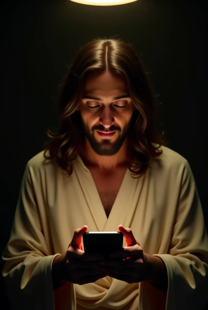 Jesus holding a cell phone,  with a subtle smile on the face ,  In a dimly lit environment . Only a faint lamp above it casts a soft light on his face and long hair. The well-defined beard and simple clothes in shades of beige and white reflect a tranquil ...