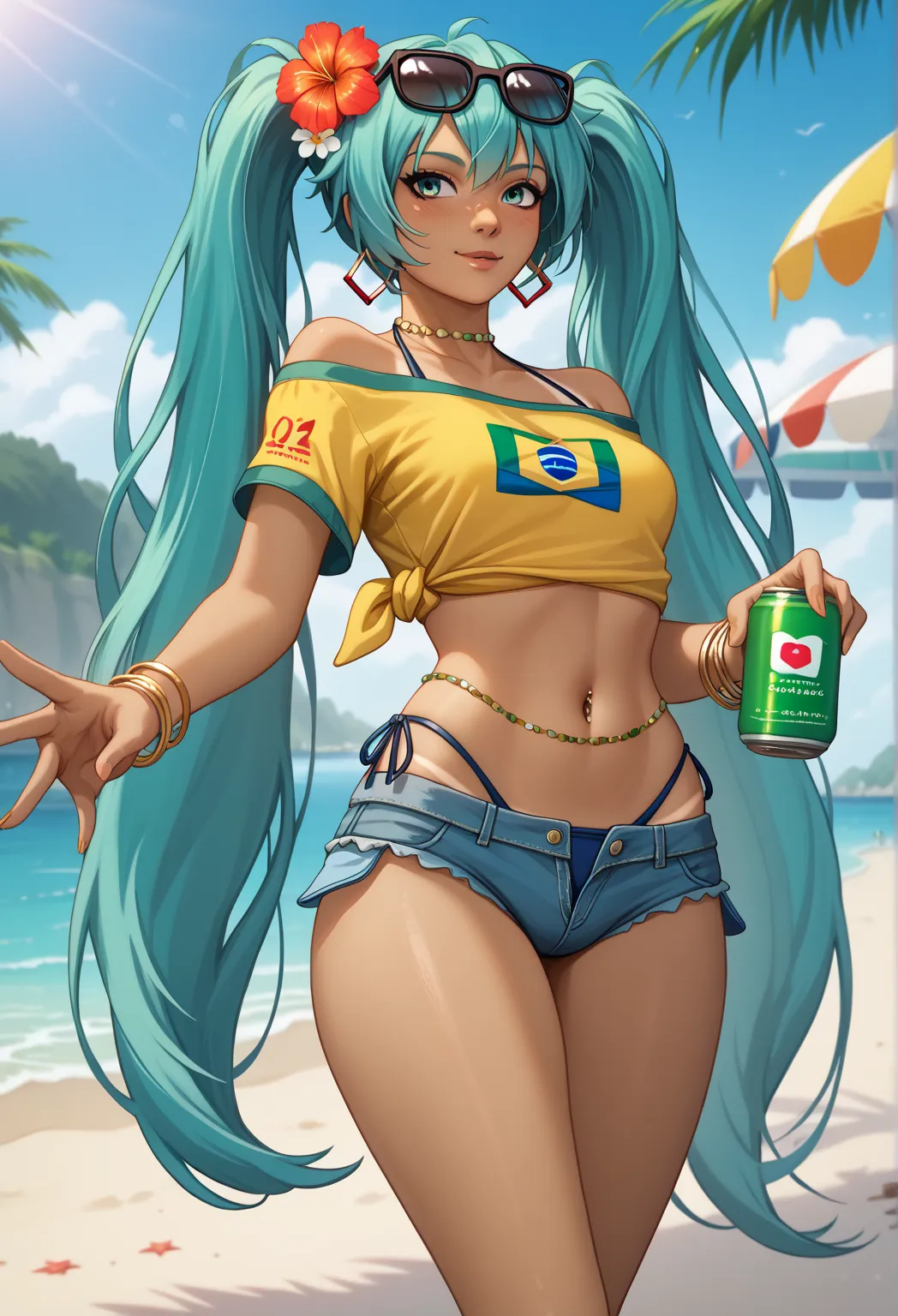 score_9, score_8_arriba, masterpiece, Hatsune Miku, masterpiece, Hatsune Miku, brmeek, collections, very long hair, dark-skinned woman,  tanned ,
holding can ,
 hair flower, hoop earrings, glasses on the head, collar, yellow t-shirt,  midriff, joyería,  be...