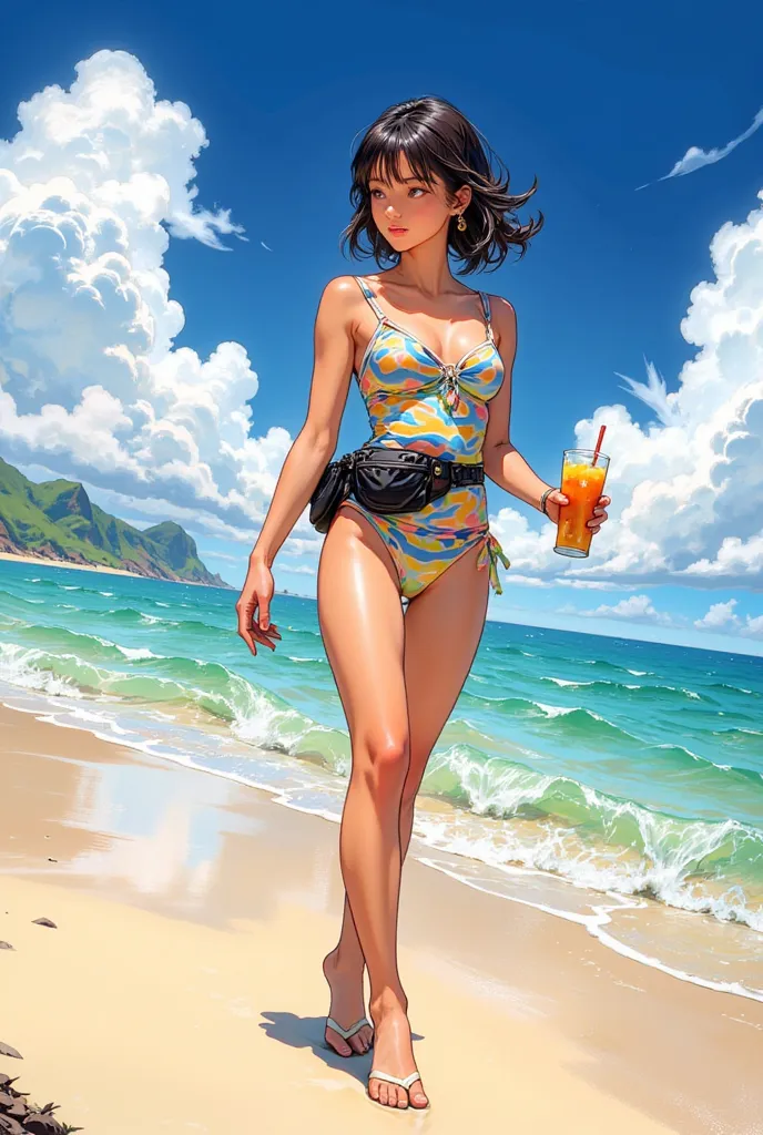 (akaninbat) Manga Girl, Striped, a cute woman in a swimsuit with a dark waist bag, was walking with juice on her way to the beach.