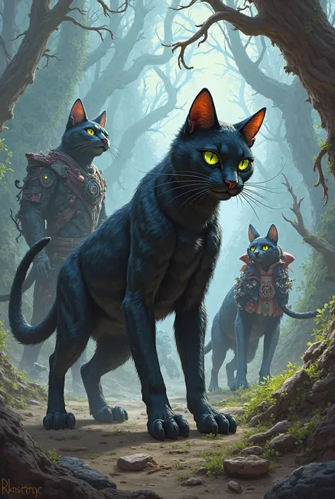 Create three furry cat characters, black with green-yellow eyes, warrior, that is licked. Mouse female paramedic, and scarred dog hunter