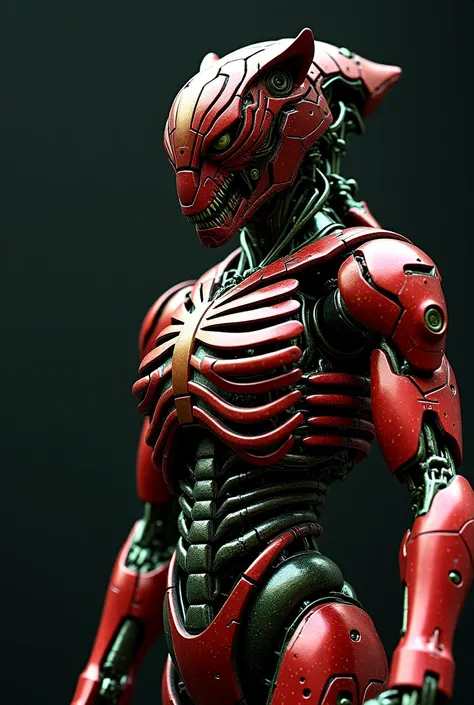 Cybernetic humanoid tiger robot mix venom, intricate mechanical design, dark red and green metallic body, visible internal mechanisms, detailed ribcage structure, intricate wiring,  complex metallic joints, realistic anatomy stylized as advanced technology...