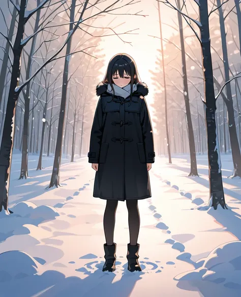 1girl, sad, in winter, standing, black coat, in front of