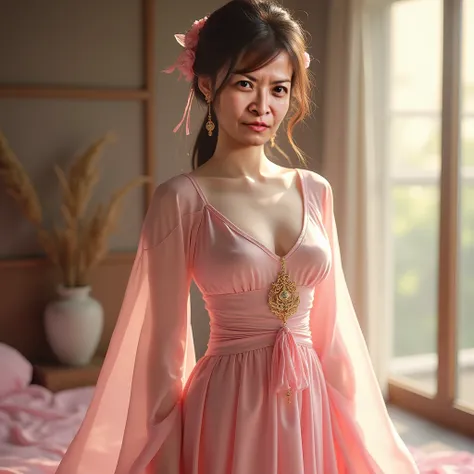 High quality，Realistic photos， Oriental beauty ，full body,Delicate Exquisite，A girl with a height of 151 cm ，Weighing 40kg，1:3 Gold Scale，Frontal stance，Pink Silk Top，Pink Satin Shiny Long Skirt，Elegant Natural， graceful，Soft Warm Light，Realistic Material，...