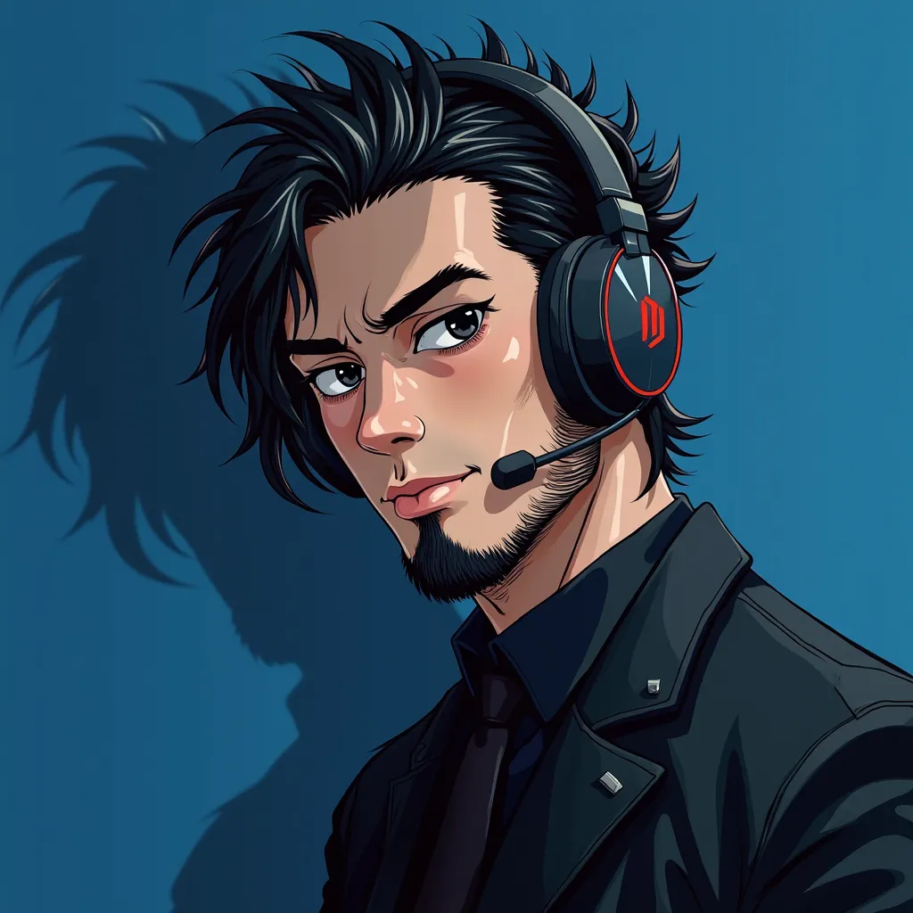 Create a Japanese anime-style profile picture of a mature adult male, around 35-40 years old. He has large, striking black eyes, a short black beard similar to Tony Stark, and messy long black hair for a cool, edgy look. He is wearing a sleek black outfit ...