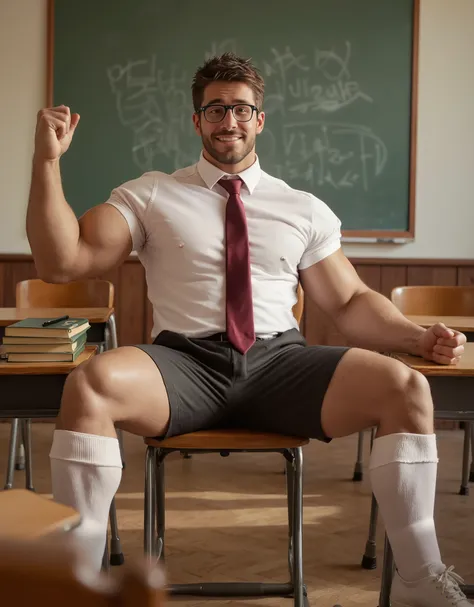 Masterpiece, Accurate, Award Winning, Best Quality, Extremely Detailed, 8K, HD, Super-Resolution, Realistic Textured Hair and Skin, ultra-photorealistic. A ((tall, very muscular man)) with ((short spiky brown hair, thick-framed glasses, and a strong jawlin...