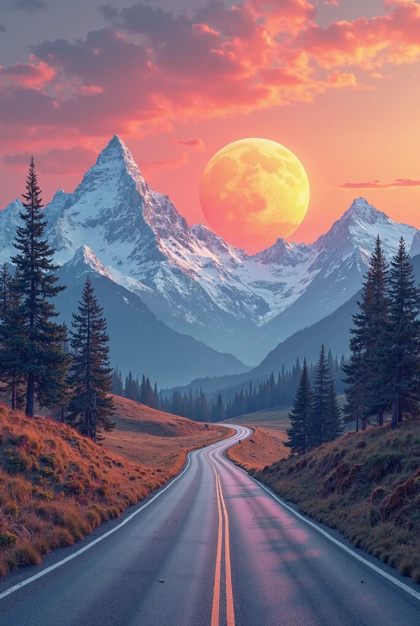 3D Art landscape featuring a scenic Road with mountain range with snow-capped peaks, a vibrant sunset or sunrise sky with a large sun positioned behind the mountains. A winding road cuts through the landscape, leading towards the mountains, creating depth ...